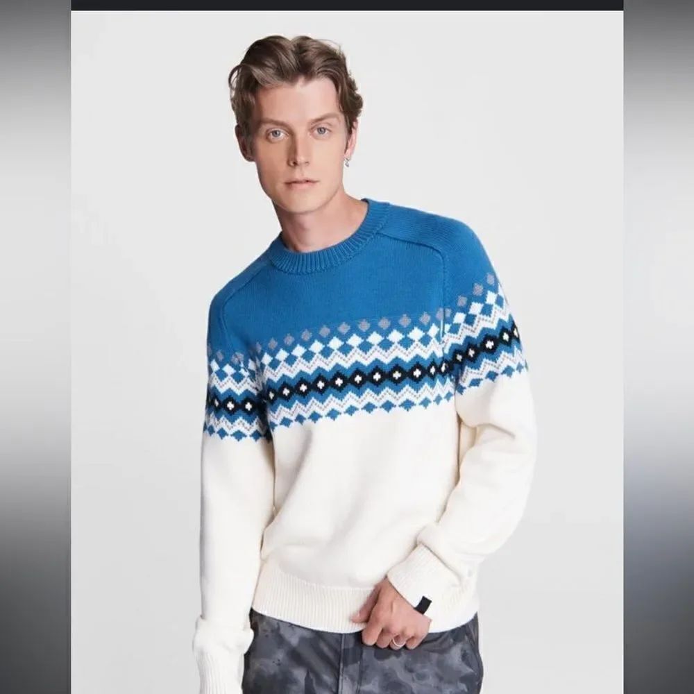 Rag and Bone Lloyd Fair Isle Sweater in Cream and Blue Size XXL NWT